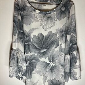 LOFT White Top with Gray Floral Print and Bell Sleeves